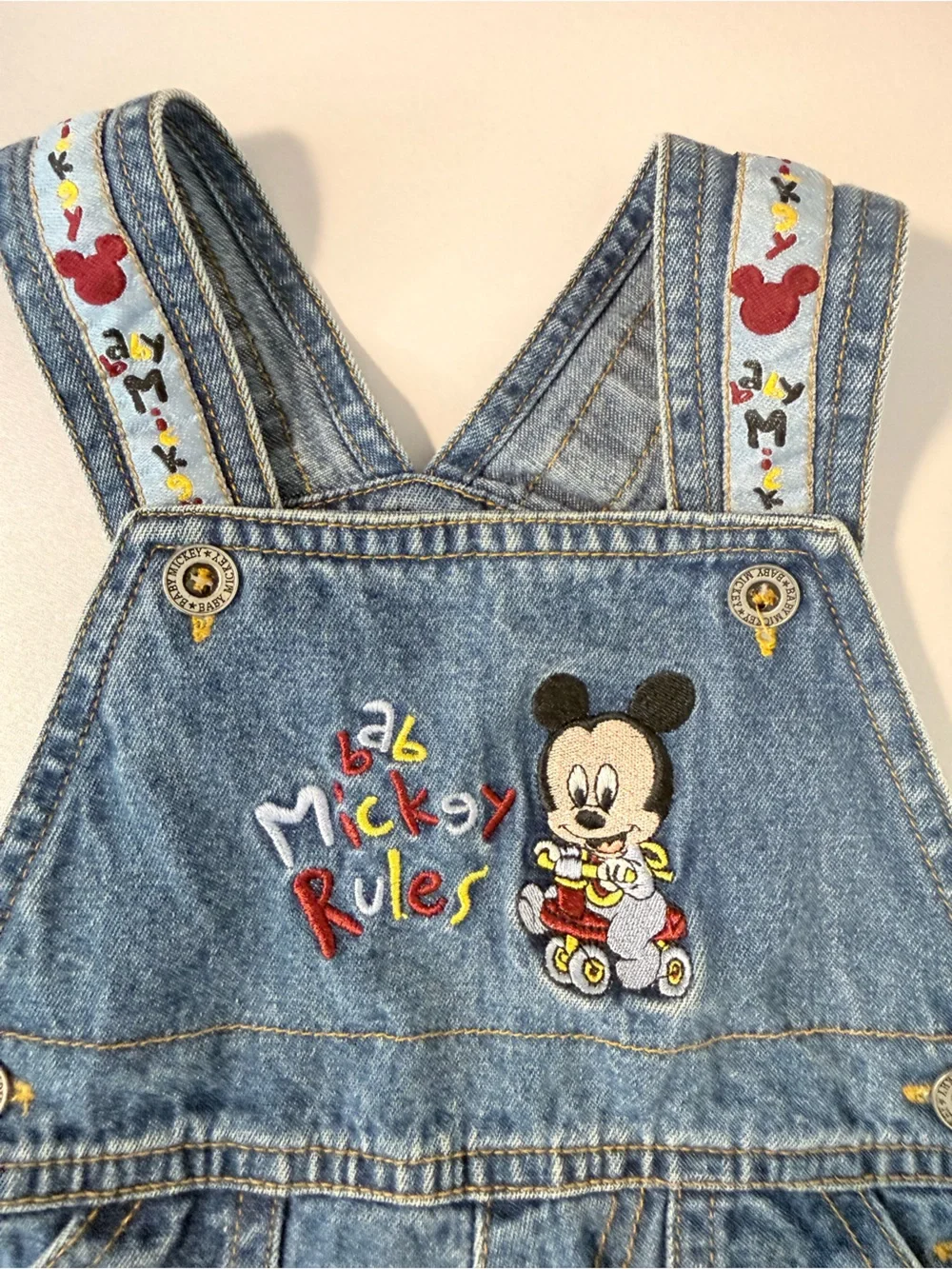 Vintage Disney Baby Mickey Mouse Rules Denim Overalls [Size 6-9 mths] -90s Retro